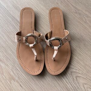 Nine West Tan Nude Leather Thong Sandals with Silver Bamboo Ring 7.5